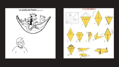 Dibujo para pintar de Pedro y el sueño con animales y un origami