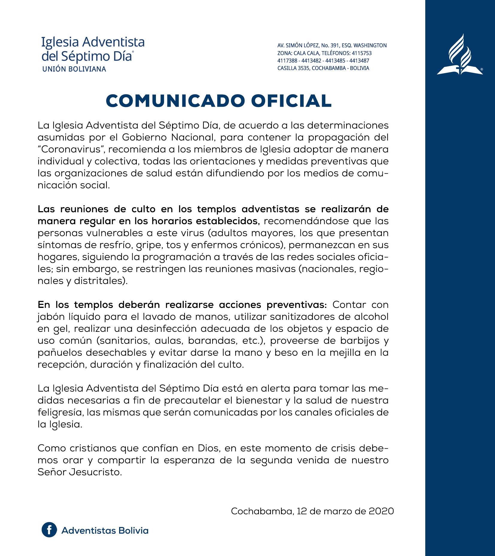 Iglesia Adventista en Bolivia emite comunicado oficial debido al  coronavirus - Noticias - Adventistas