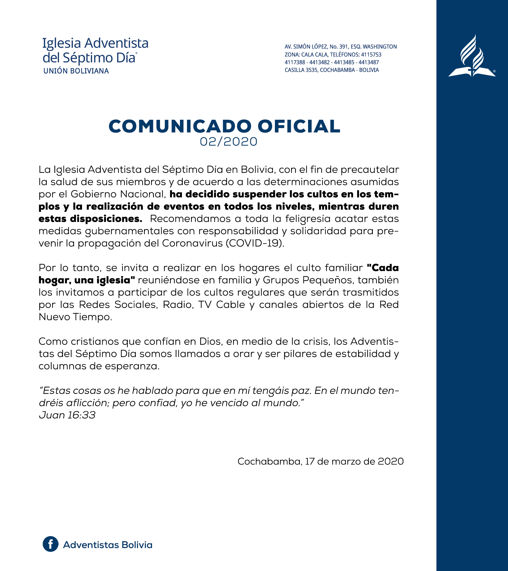 Bolivia: Iglesia Adventista emite segundo comunicado frente a disposiciones  por el Coronavirus - Noticias - Adventistas