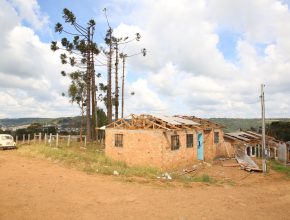 Árvores sem galhos e casas destelhadas foram algumas das marcas do tornado na periferia de Ponte Serrada, SC. 