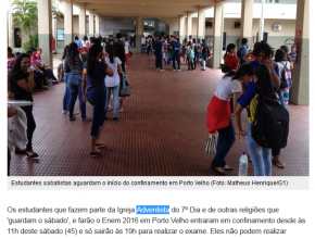 Estudantes sabatistas de RO têm até 8h de confinamento antes do Enem