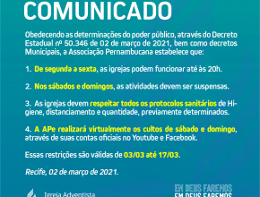 Comunicado Oficial - Suspensão de atividades das igrejas no Leste de Pernambuco | 02/03