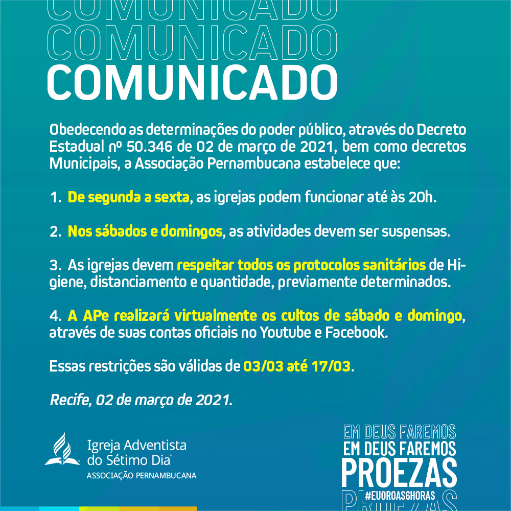 Comunicado Oficial - Suspensão de atividades das igrejas no Leste de Pernambuco | 02/03