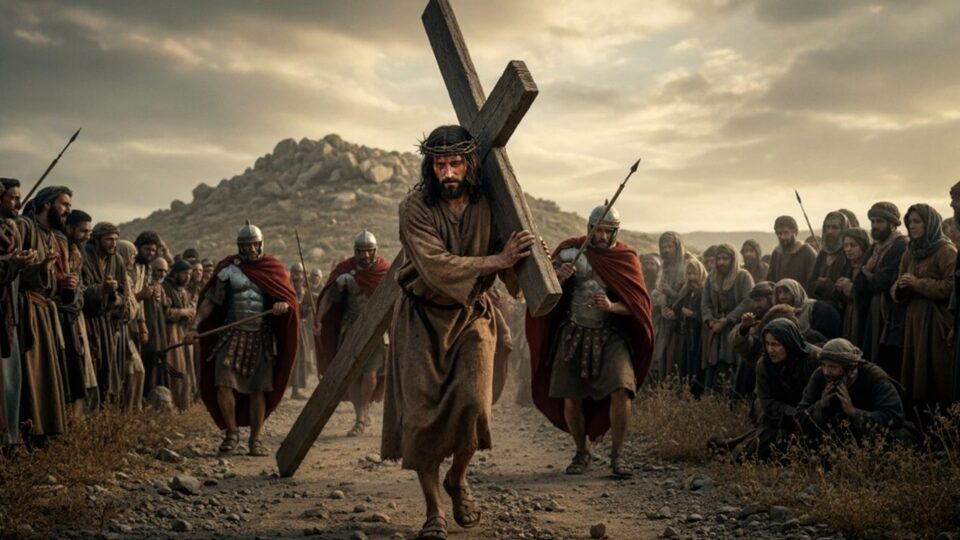 Jesus carregando uma cruz nos ombros, usando uma coroa de espinhos, cercado de pessoas ao redor enquanto anda por um caminho de terra