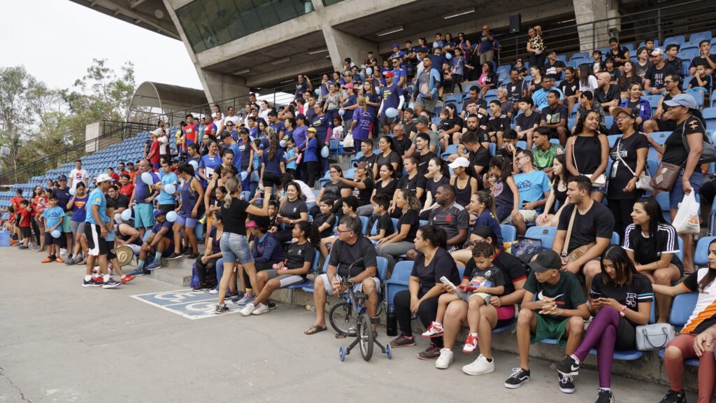 Multidão diversificada assistindo a um evento esportivo ao ar livre, representando um estilo de vida comunitário e ativo
