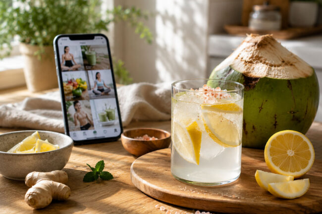 Cortisol cocktail preparado com água de coco, limão e sal ao lado de ingredientes naturais.